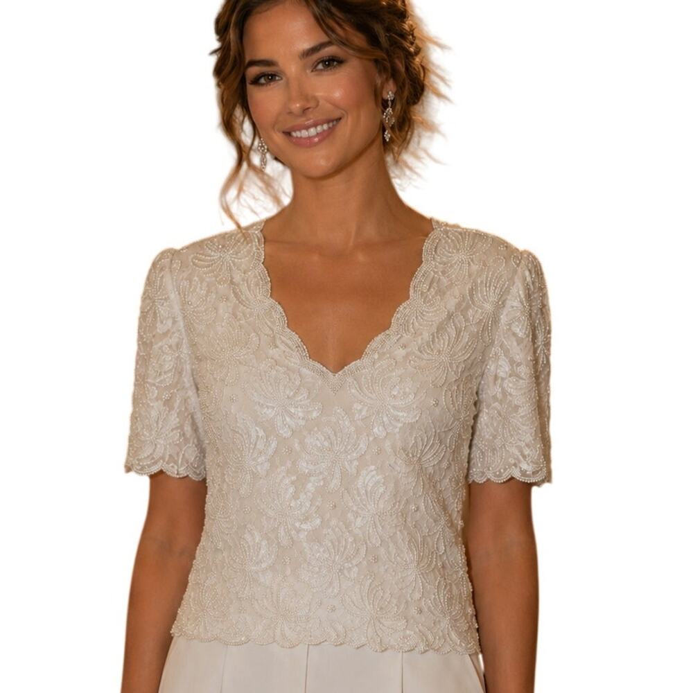 Laurence Kazar Vintage Hand Beaded Top Womens Large Ivory Party Cocktail 80s